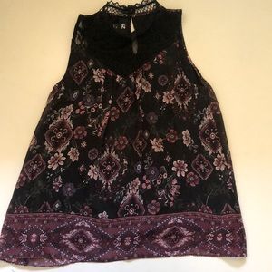 IZ Byer Black Velour Flower Design High Neck Top Size M